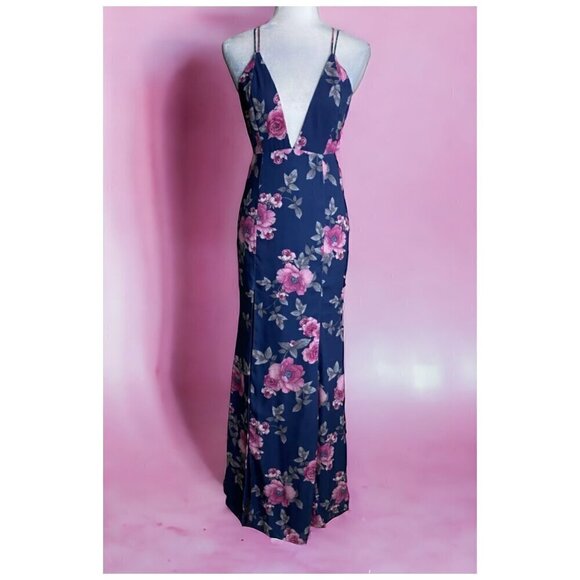 Fame and Partners NWT $279 Blue Pink Floral Gown Maxi Dress Plunging V-Neck 2 - Picture 1 of 14